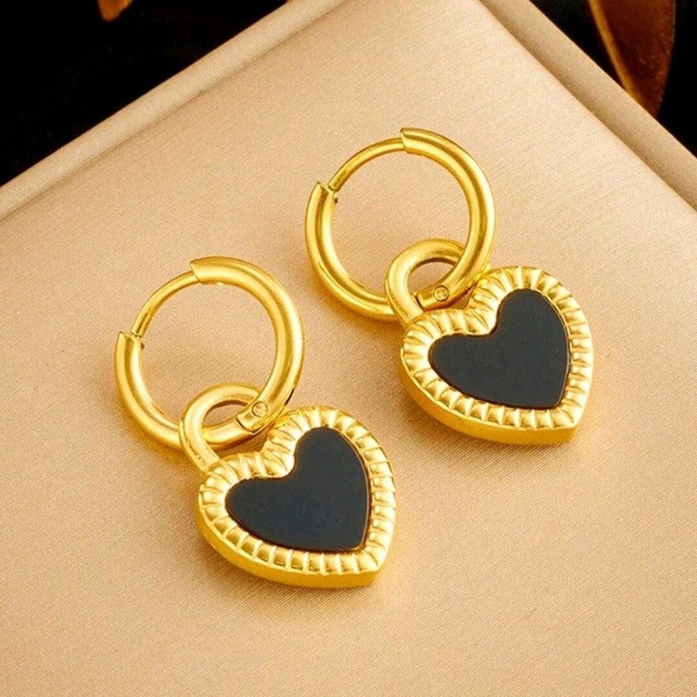 Gold and Black Heart Hoop Earrings